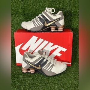 NIKE SHOX , SIZE 6.5 WOMENS, COLOR BEIGE/BROWN/ BLACK/ ROSE GOLD/ METALLIC GOLD